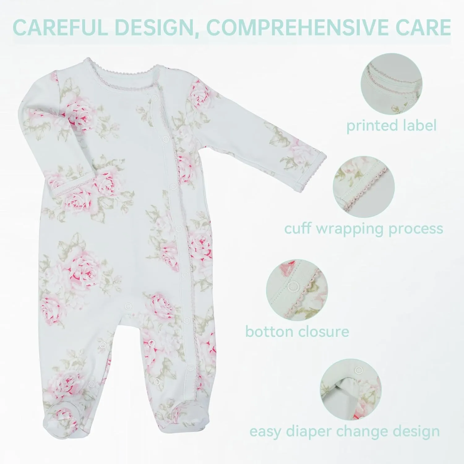 100% Cotton Baby Girls Footies Set of 2, 0-12 Months Long Sleeve Soft and Comfortable Toddler Girls' Footed