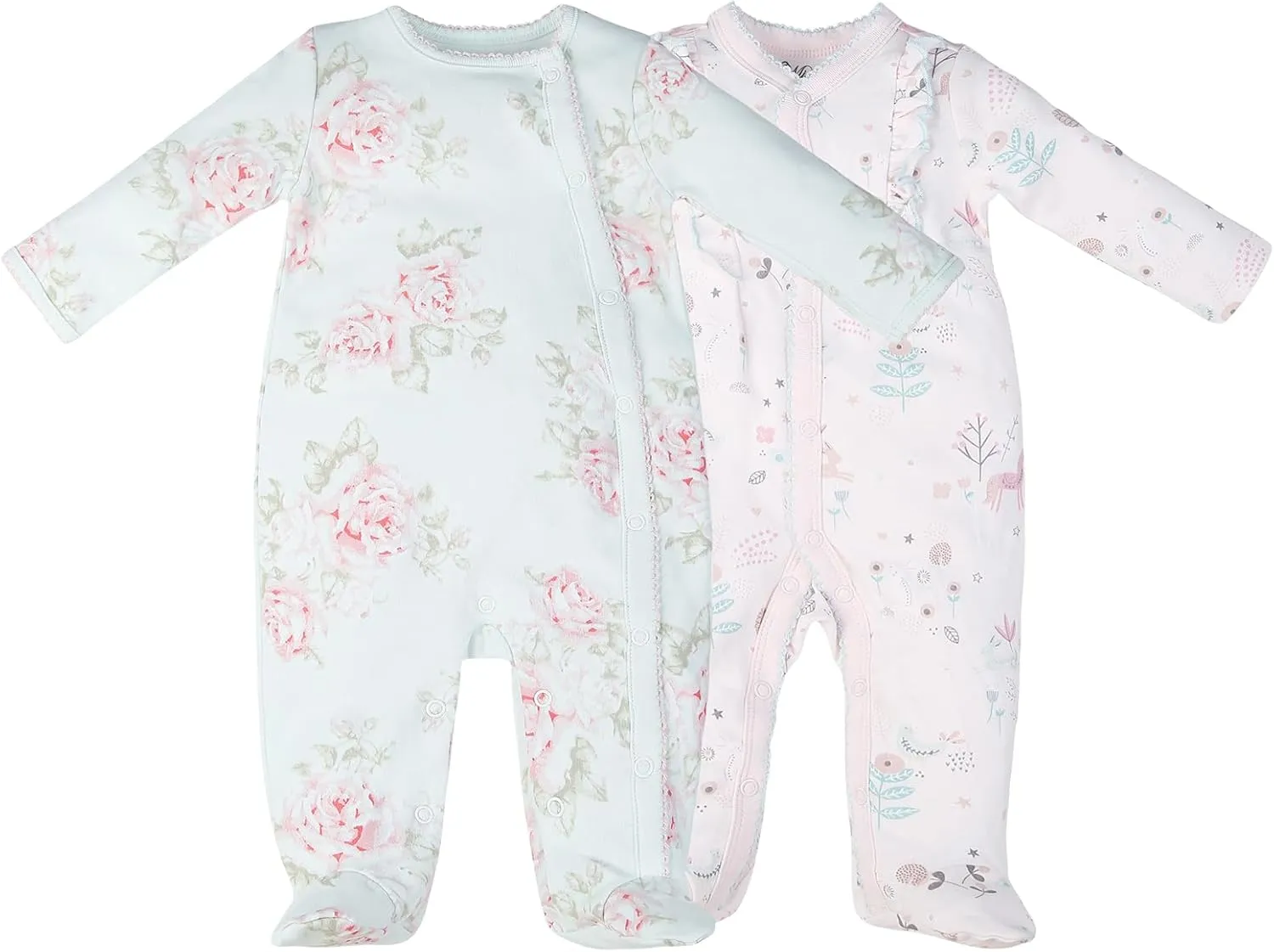 100% Cotton Baby Girls Footies Set of 2, 0-12 Months Long Sleeve Soft and Comfortable Toddler Girls' Footed