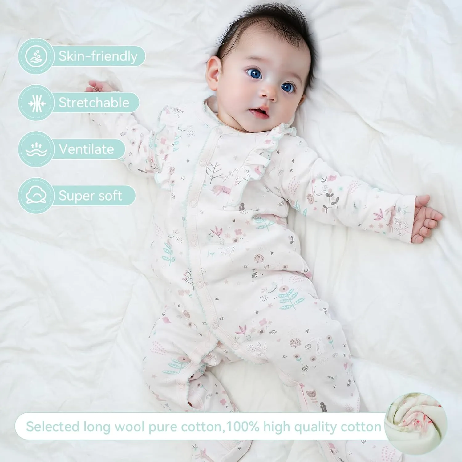 100% Cotton Baby Girls Footies Set of 2, 0-12 Months Long Sleeve Soft and Comfortable Toddler Girls' Footed