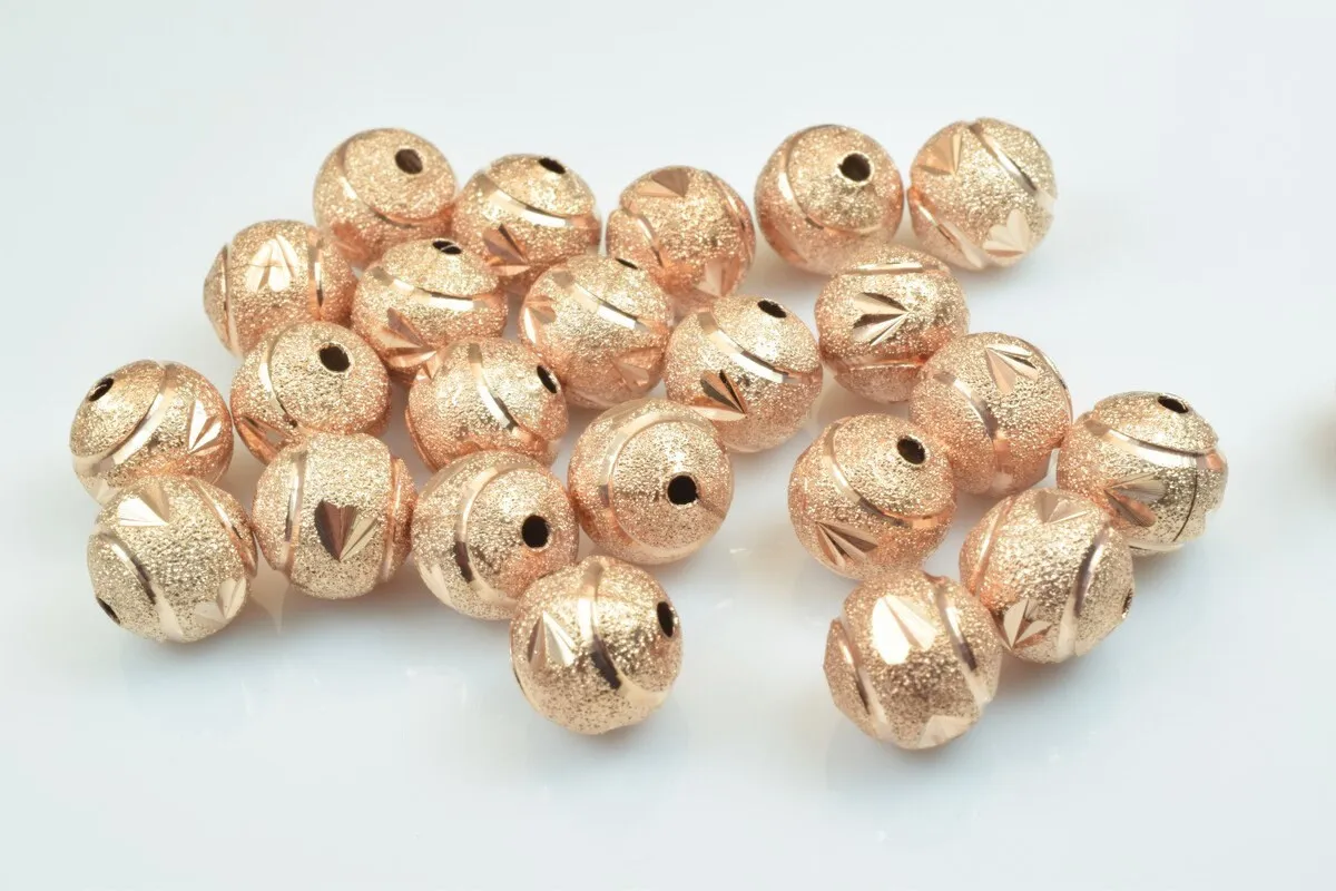 100 PCs Rose Gold Plated Carved Round Beads 6mm/8mm/10mm Diamond Cut For Jewelry Making