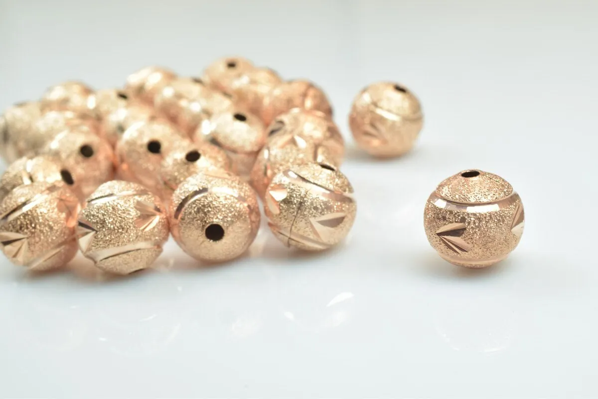 100 PCs Rose Gold Plated Carved Round Beads 6mm/8mm/10mm Diamond Cut For Jewelry Making