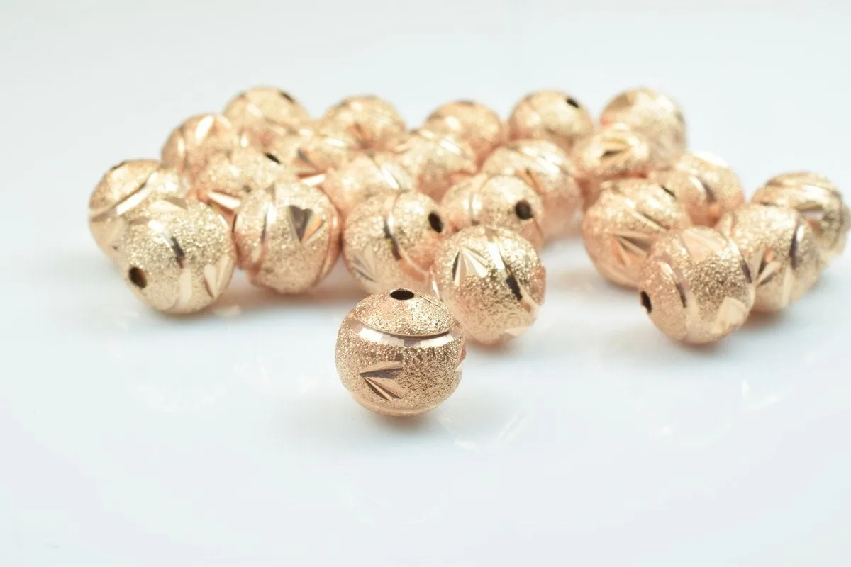 100 PCs Rose Gold Plated Carved Round Beads 6mm/8mm/10mm Diamond Cut For Jewelry Making