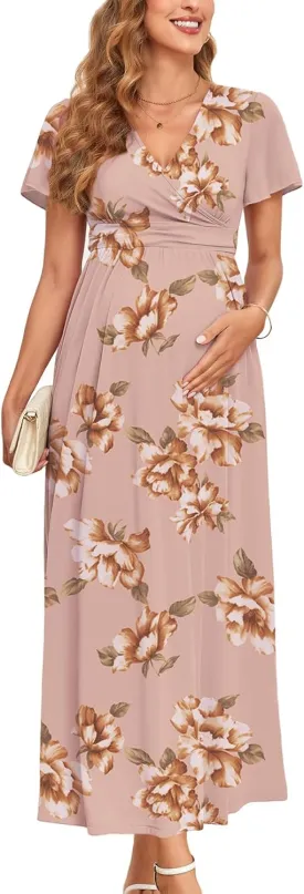 2025 Women's Maternity Maxi Dress Long Sleeve Wrap V Neck Pregnancy Dresses with Pockets Baby Shower Photoshoot Formal