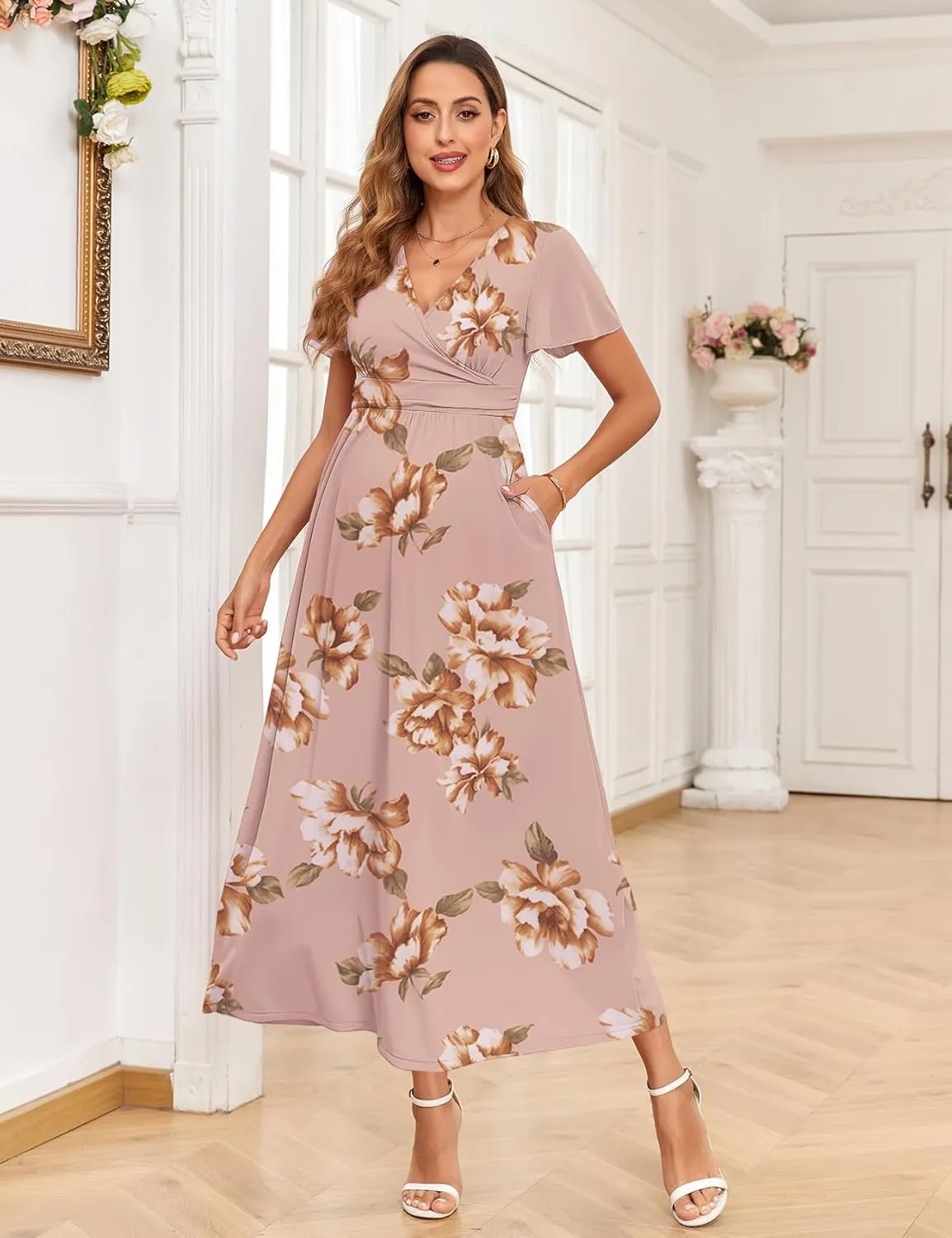 2025 Women's Maternity Maxi Dress Long Sleeve Wrap V Neck Pregnancy Dresses with Pockets Baby Shower Photoshoot Formal