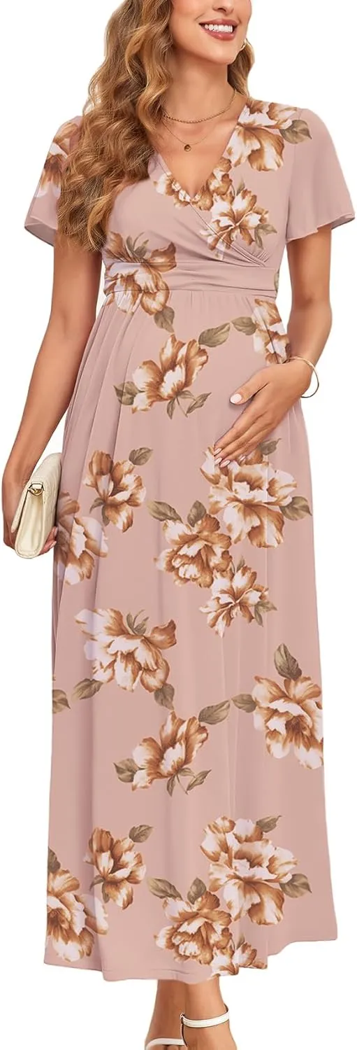 2025 Women's Maternity Maxi Dress Long Sleeve Wrap V Neck Pregnancy Dresses with Pockets Baby Shower Photoshoot Formal