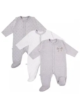 3 Pack Footed Sleepsuits, Bows, Grey
