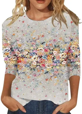 3/4 Length Sleeve Womens Tops 2025 Crewneck Casual Tunic Tops Loose Fit Boho Clothes Floral Print Summer T Shirts