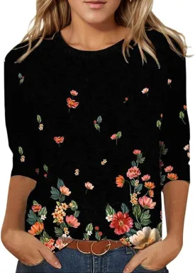 3/4 Length Sleeve Womens Tops 2025 Crewneck Casual Tunic Tops Loose Fit Boho Clothes Floral Print Summer T Shirts