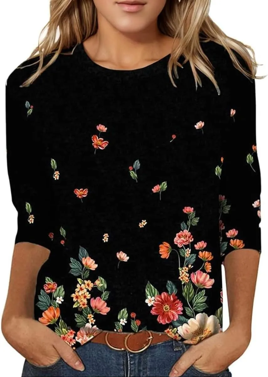 3/4 Length Sleeve Womens Tops 2025 Crewneck Casual Tunic Tops Loose Fit Boho Clothes Floral Print Summer T Shirts