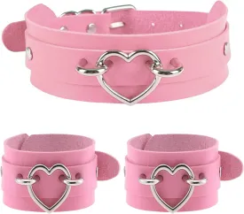 3Pcs Leather Choker Collar Set,Heart Necklace   Wide Wrist Bracelets Combo Punk Gothic Cosplay Jewelry Gift for Women,Pink C