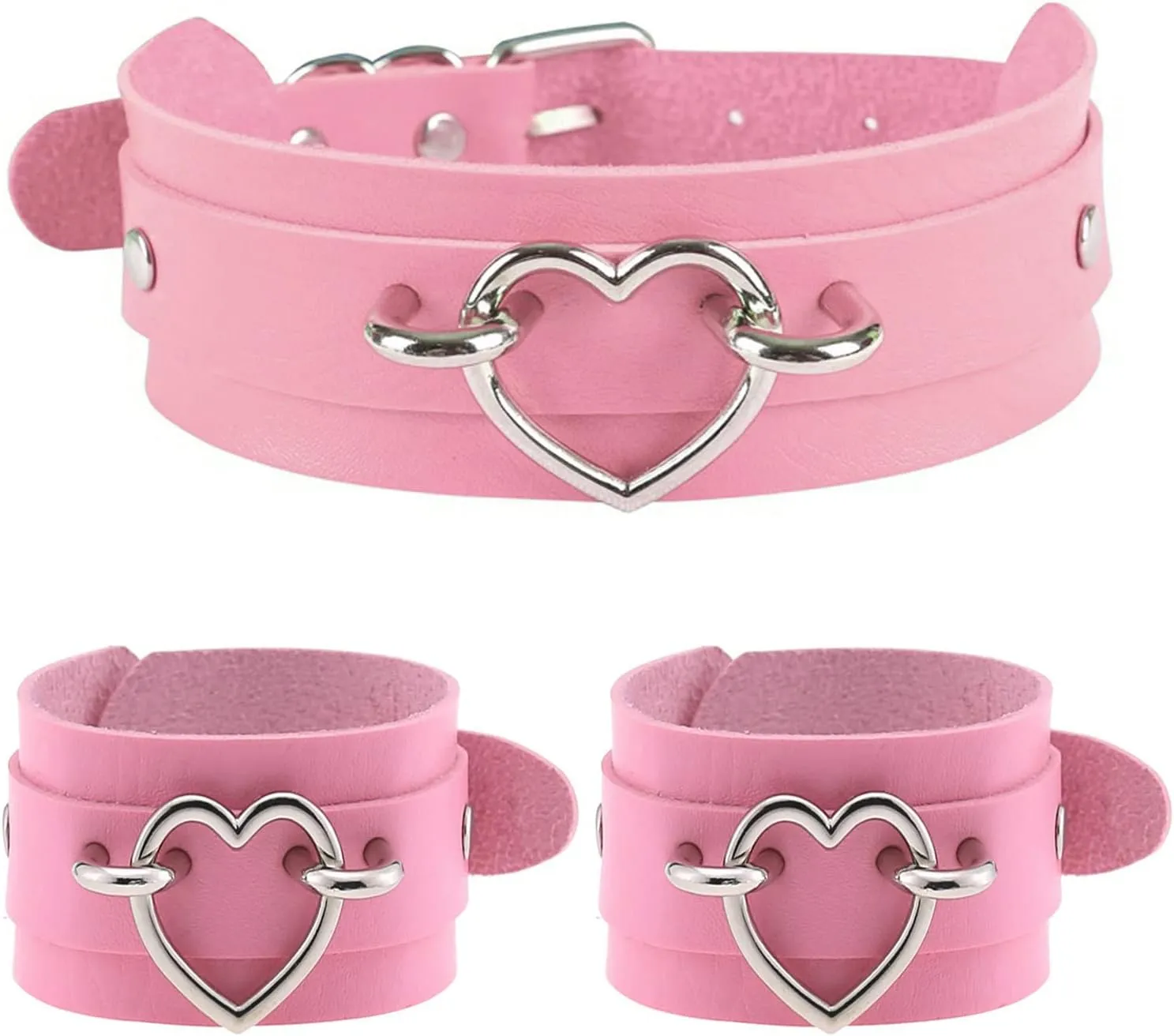 3Pcs Leather Choker Collar Set,Heart Necklace   Wide Wrist Bracelets Combo Punk Gothic Cosplay Jewelry Gift for Women,Pink C
