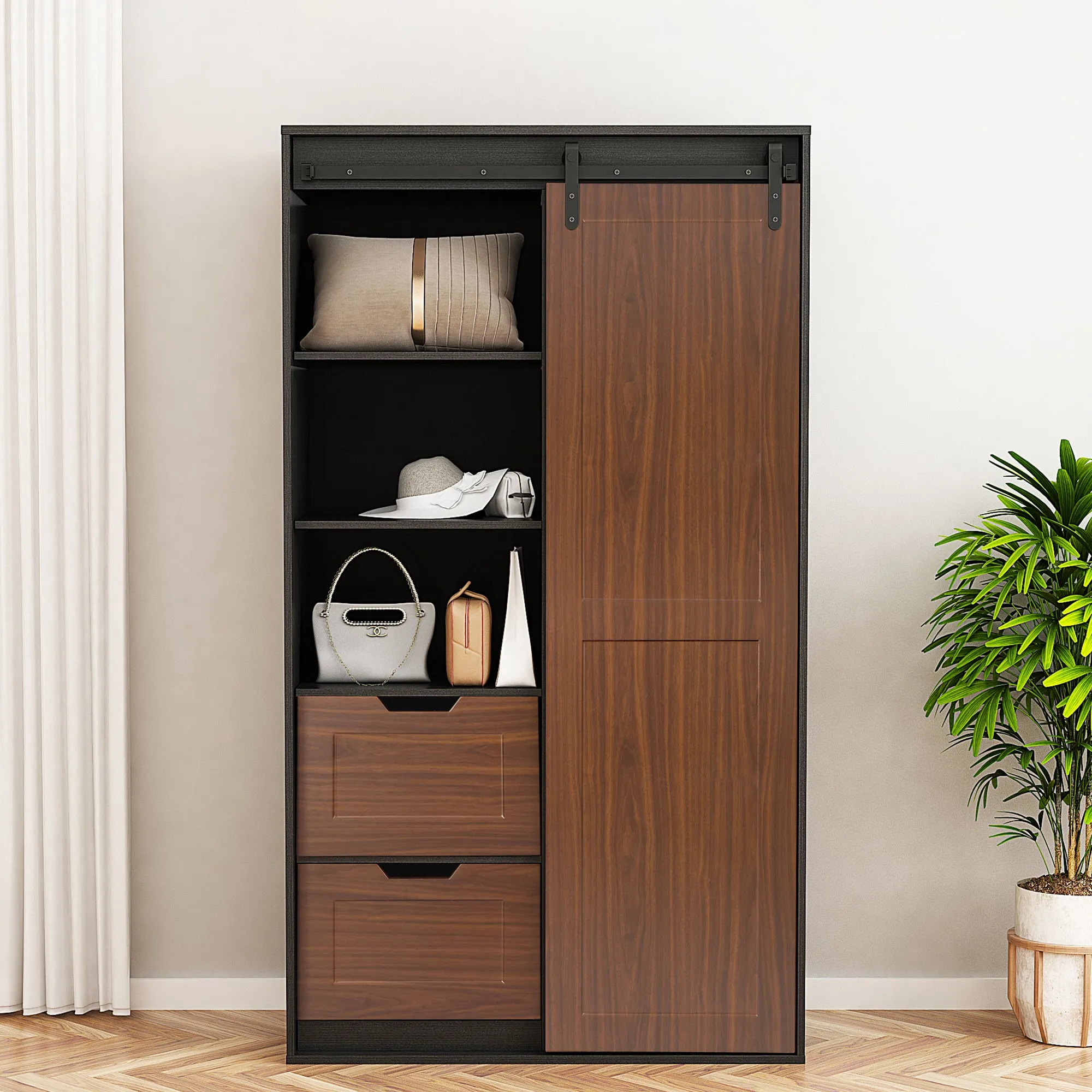 71-inch High wardrobe and cabinet , Clothes Locker，classic sliding barn door armoire, lockers, for bedrooms, cloakrooms, living rooms, color: black  brown