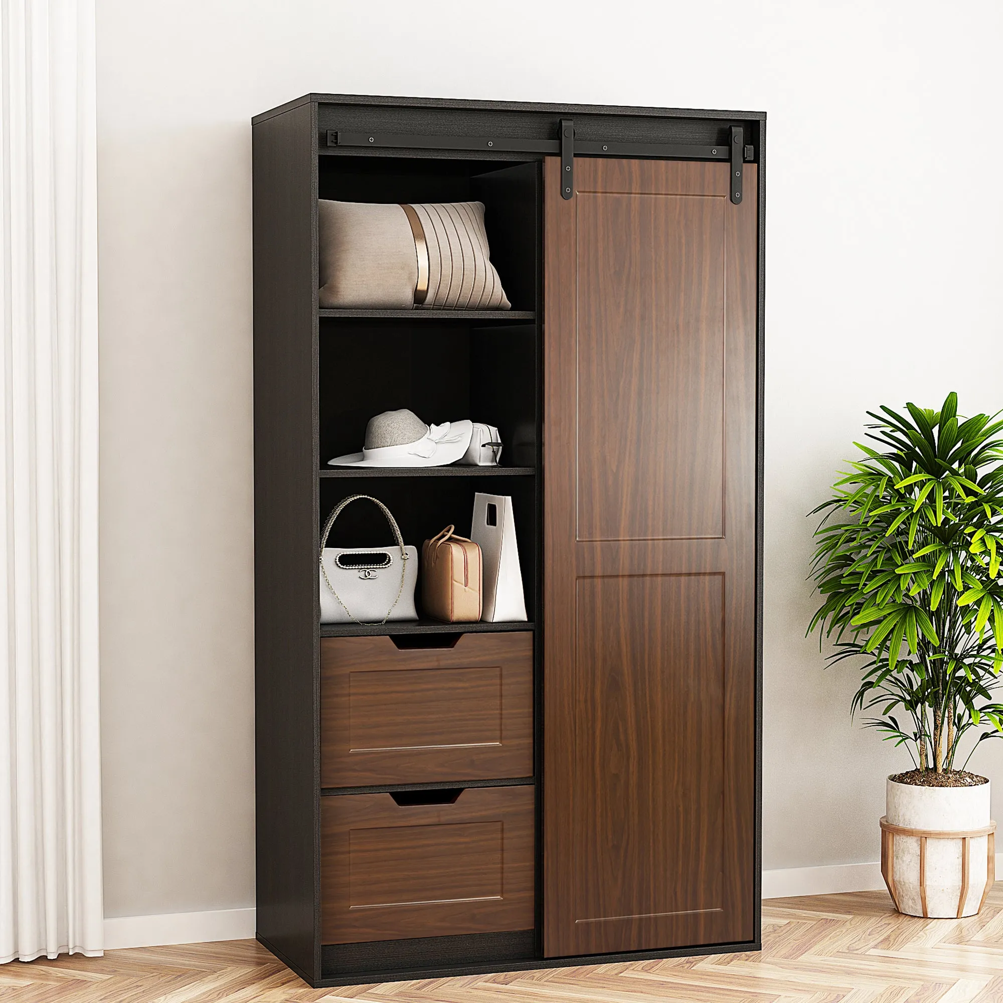 71-inch High wardrobe and cabinet , Clothes Locker，classic sliding barn door armoire, lockers, for bedrooms, cloakrooms, living rooms, color: black  brown