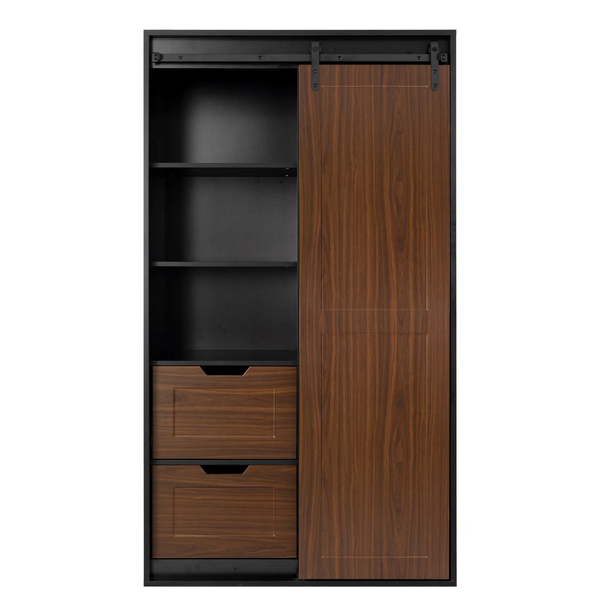 71-inch High wardrobe and cabinet , Clothes Locker，classic sliding barn door armoire, lockers, for bedrooms, cloakrooms, living rooms, color: black  brown