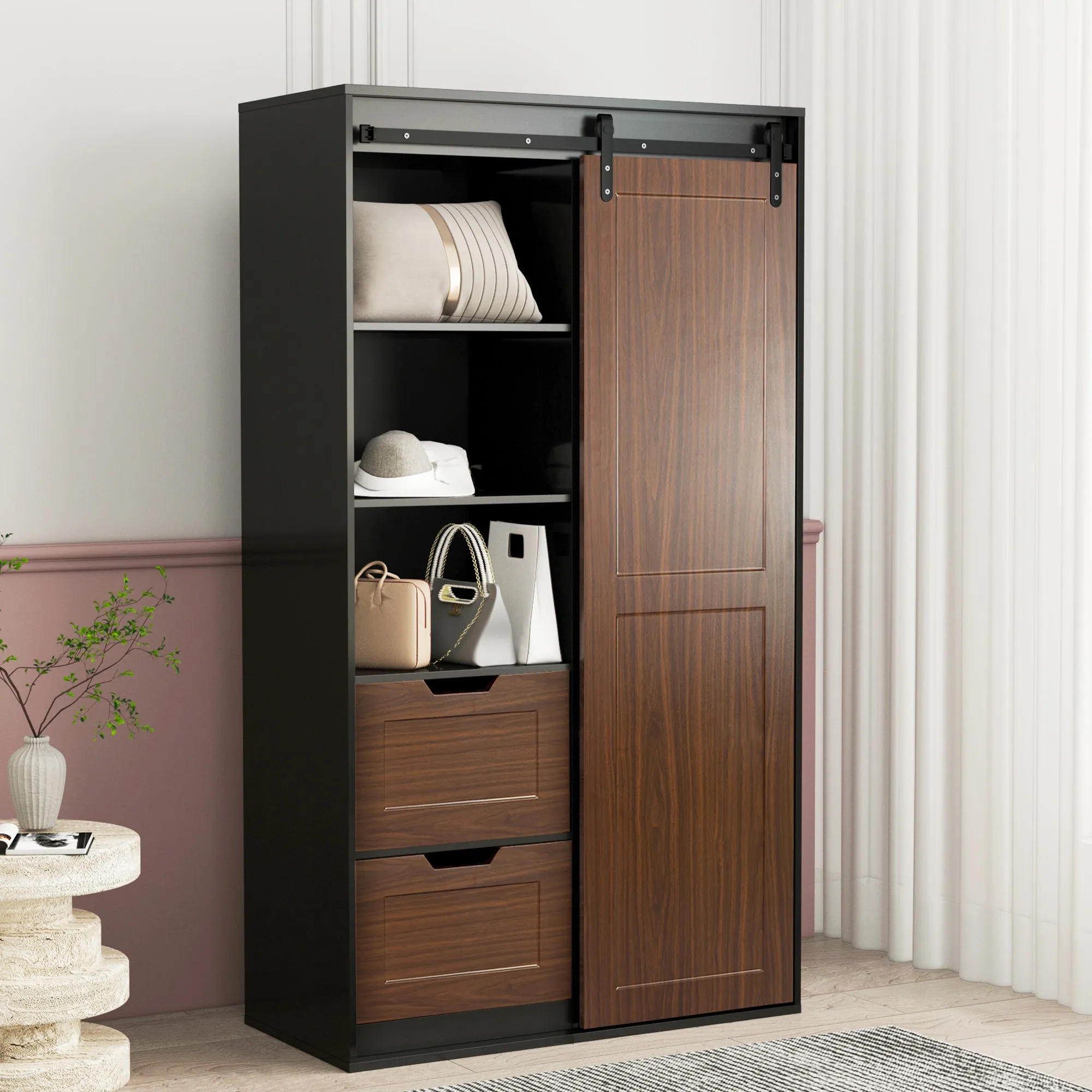 71-inch High wardrobe and cabinet , Clothes Locker，classic sliding barn door armoire, lockers, for bedrooms, cloakrooms, living rooms, color: black  brown