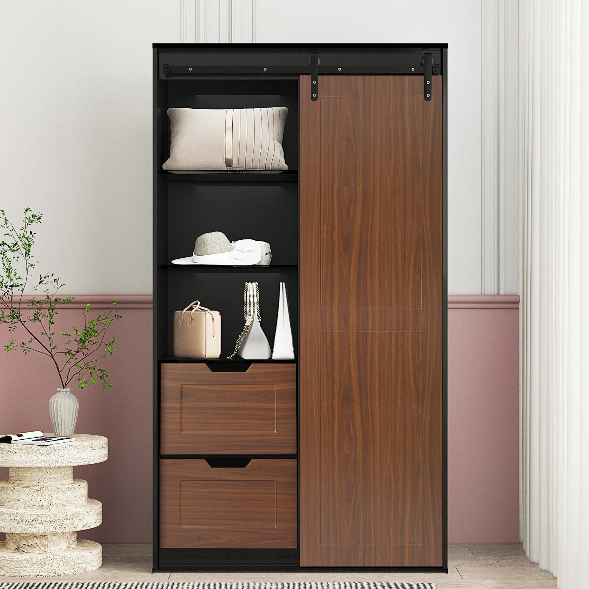71-inch High wardrobe and cabinet , Clothes Locker，classic sliding barn door armoire, lockers, for bedrooms, cloakrooms, living rooms, color: black  brown
