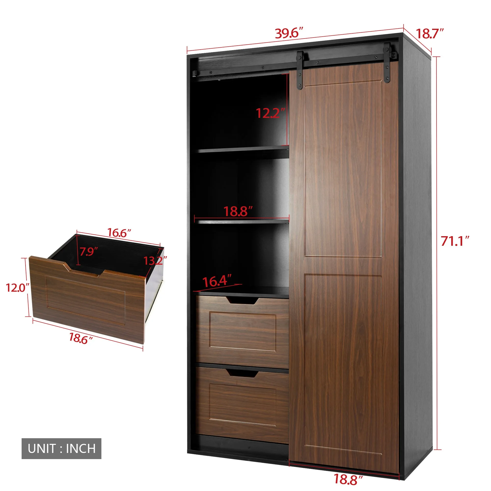 71-inch High wardrobe and cabinet , Clothes Locker，classic sliding barn door armoire, lockers, for bedrooms, cloakrooms, living rooms, color: black  brown