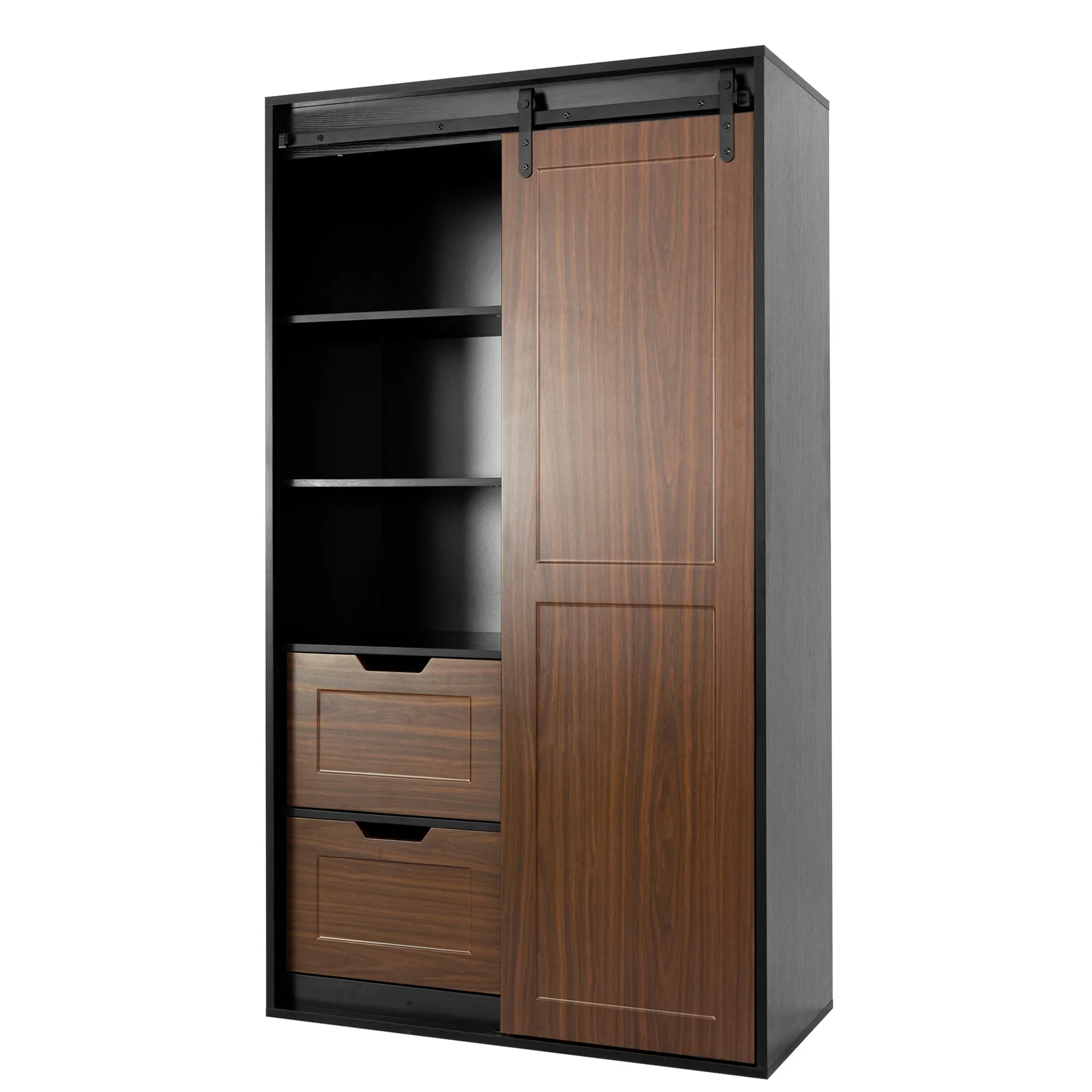 71-inch High wardrobe and cabinet , Clothes Locker，classic sliding barn door armoire, lockers, for bedrooms, cloakrooms, living rooms, color: black  brown
