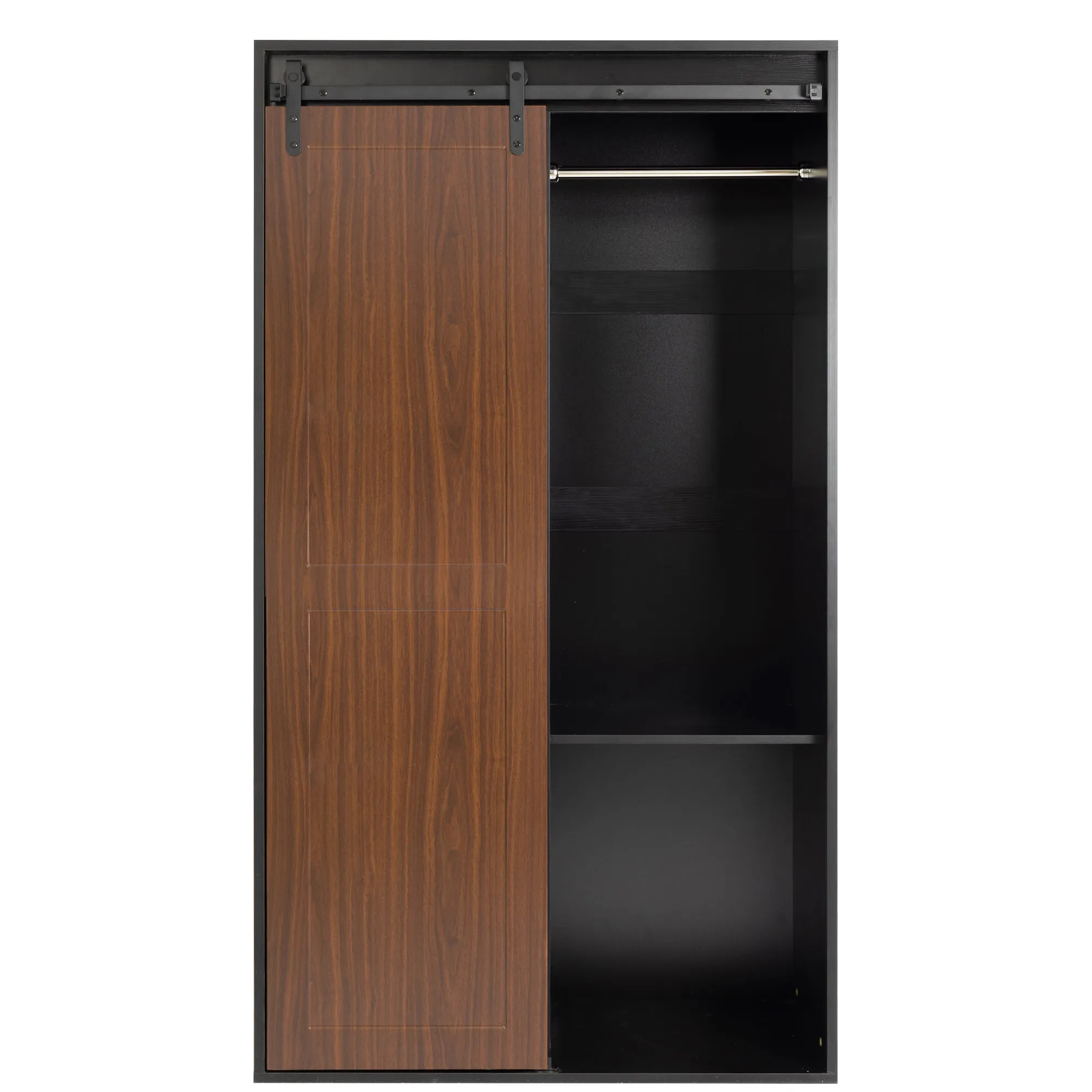 71-inch High wardrobe and cabinet , Clothes Locker，classic sliding barn door armoire, lockers, for bedrooms, cloakrooms, living rooms, color: black  brown