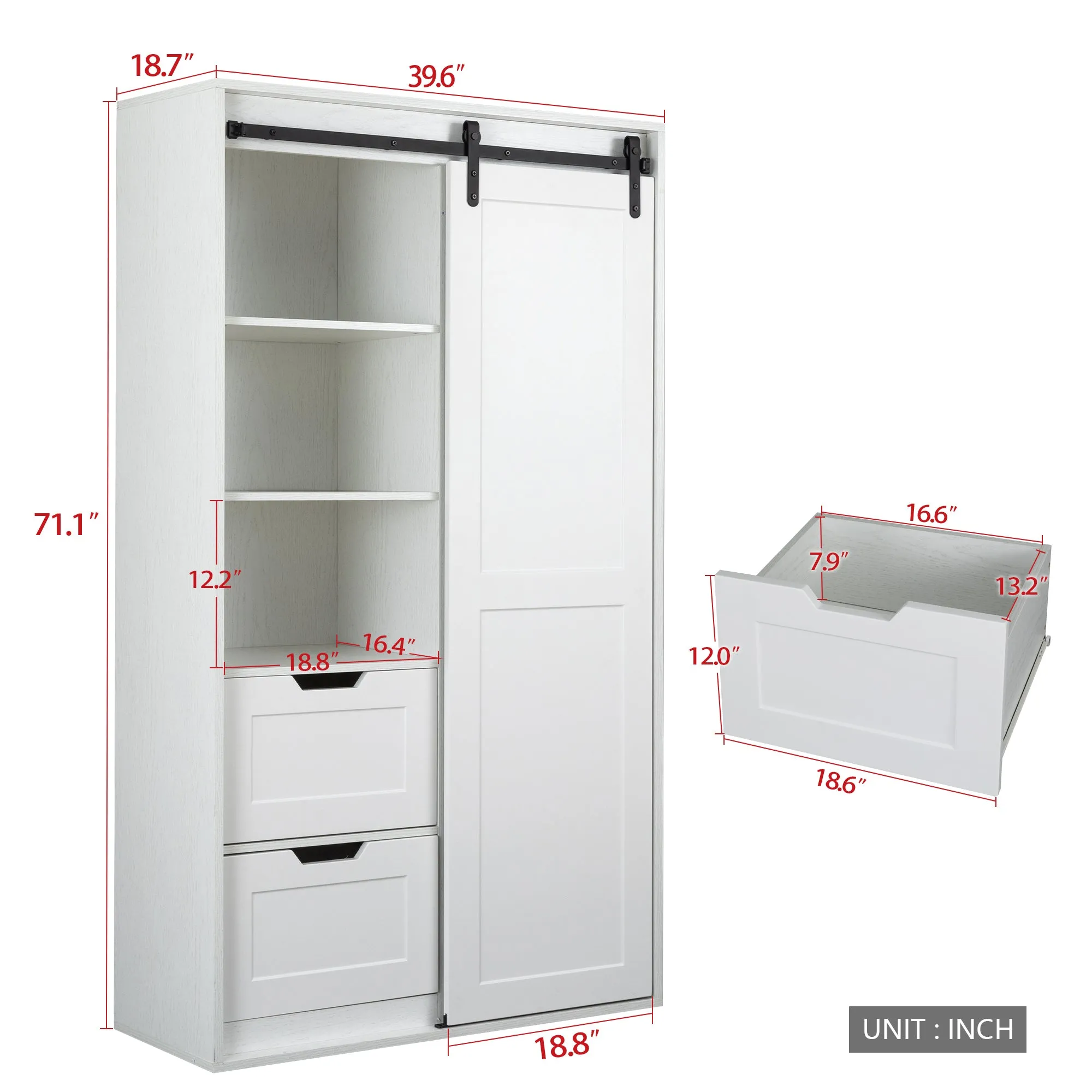 71-inch High wardrobe and cabinet , Clothes Locker，classic sliding barn door armoscope, locker, organizer for bedroom, cloakroom, living room,color： white