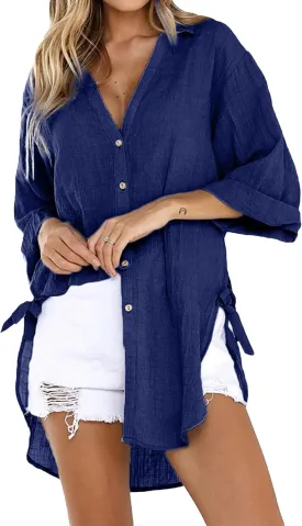 Bozanly Casual V Neck 3/4 Sleeve Button Down Shirts High Low Oversized Summer Beach Blouse Tops for Women
