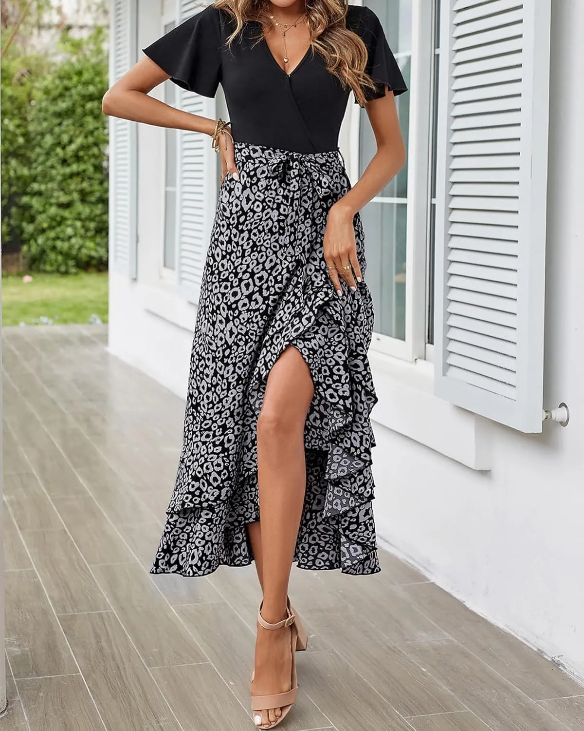 BTFBM Womens Maxi Summer Dresses 2025 Short Sleeve V Neck Boho Floral Print Belted High Low Ruffle Party Cocktail Dress