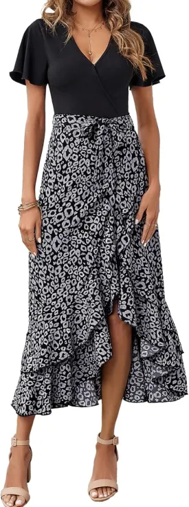 BTFBM Womens Maxi Summer Dresses 2025 Short Sleeve V Neck Boho Floral Print Belted High Low Ruffle Party Cocktail Dress