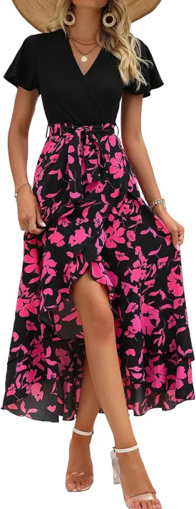 BTFBM Womens Maxi Summer Dresses 2025 Short Sleeve V Neck Boho Floral Print Belted High Low Ruffle Party Cocktail Dress