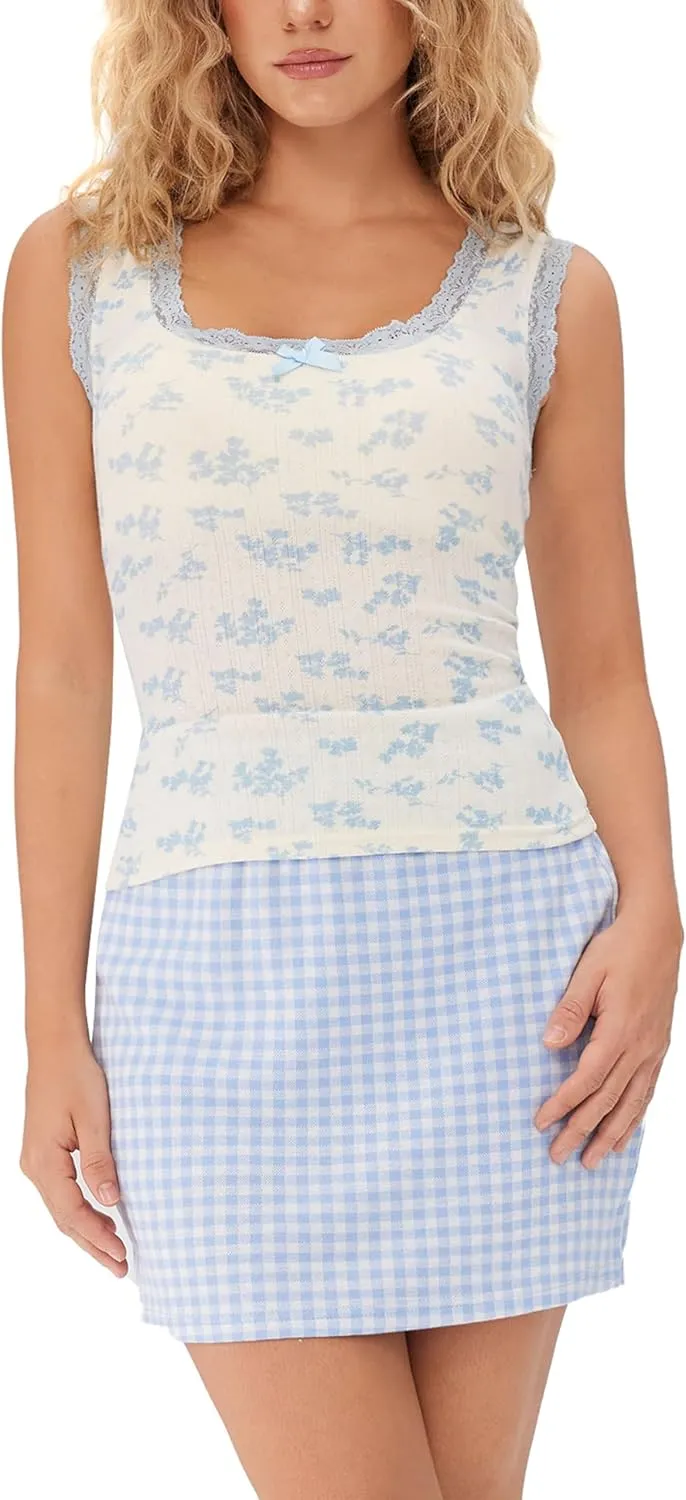 CIDER Women's Floral Tank Tops Lace Trim Tops Sleeveless Cami Top for Summer