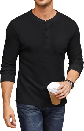 COOFANDY Men's Henley Shirts Long Sleeve Basic Waffle Pique Pullover T-Shirt with Pocket