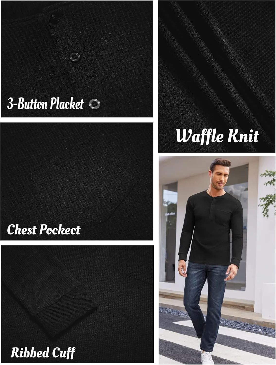 COOFANDY Men's Henley Shirts Long Sleeve Basic Waffle Pique Pullover T-Shirt with Pocket