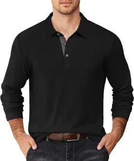 COOFANDY Men's Long Sleeve Polo Shirt Casual Dress Button Polo T Shirt with Pocket Basic Lightweight Collared Golf Shirt