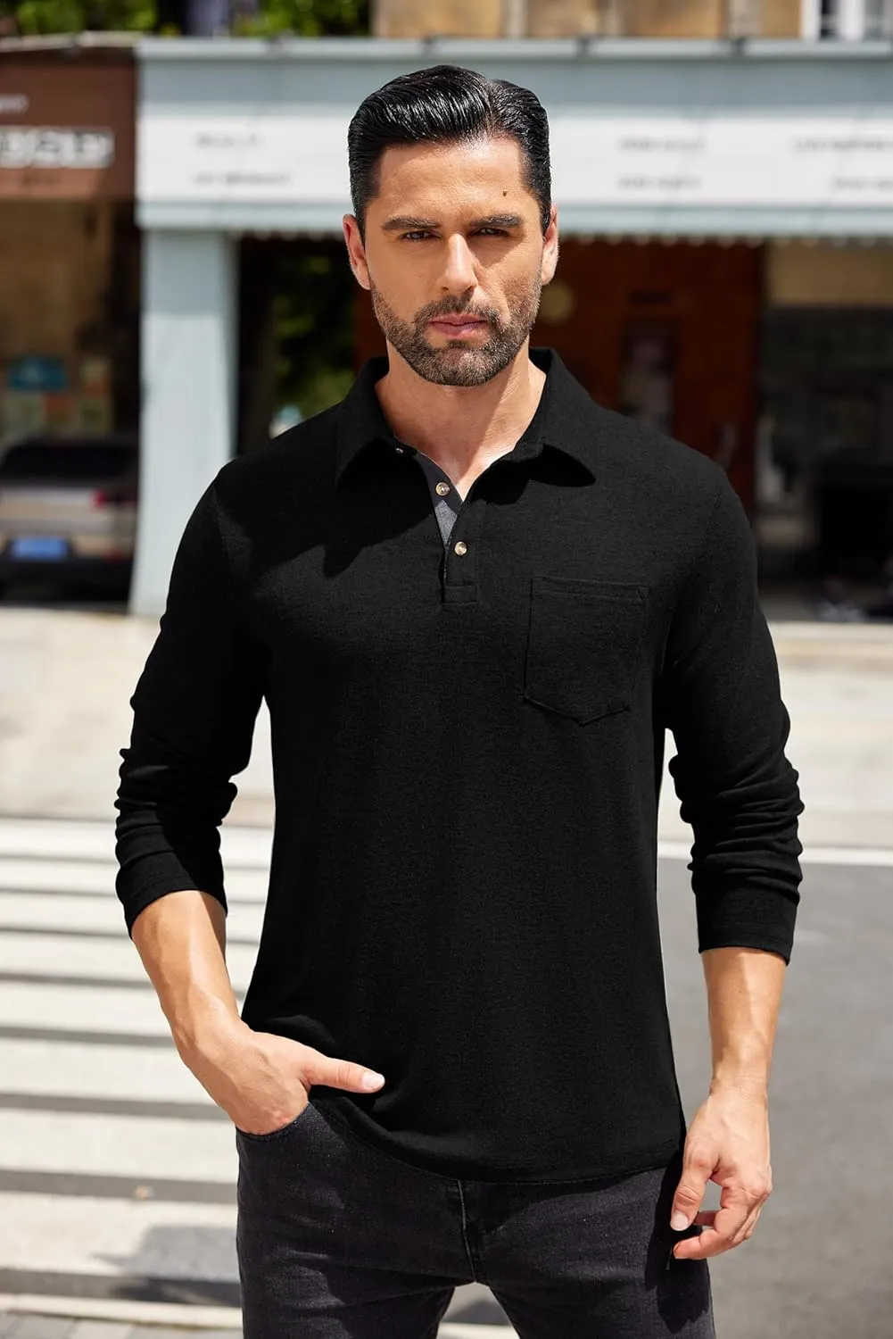 COOFANDY Men's Long Sleeve Polo Shirt Casual Dress Button Polo T Shirt with Pocket Basic Lightweight Collared Golf Shirt