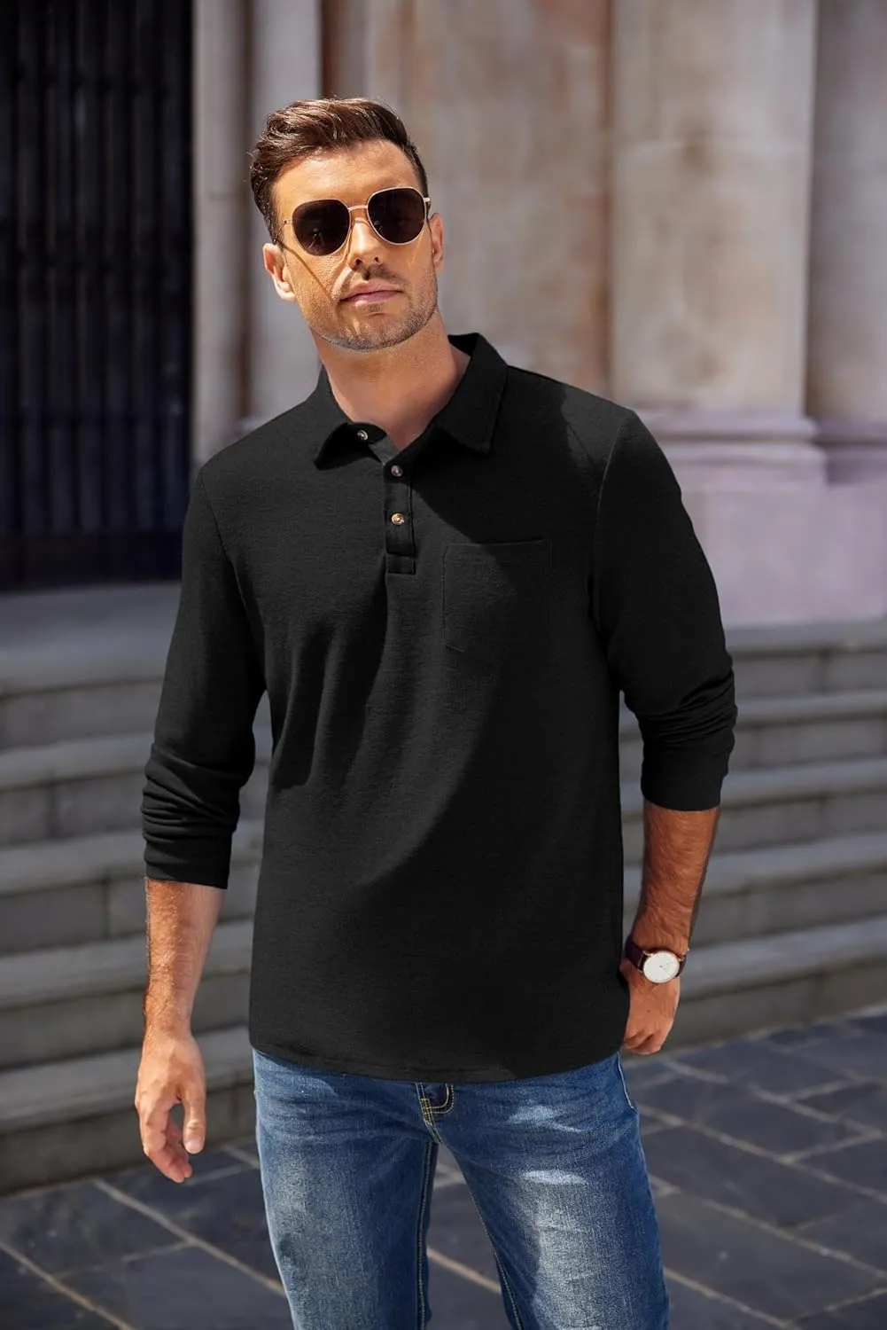 COOFANDY Men's Long Sleeve Polo Shirt Casual Dress Button Polo T Shirt with Pocket Basic Lightweight Collared Golf Shirt
