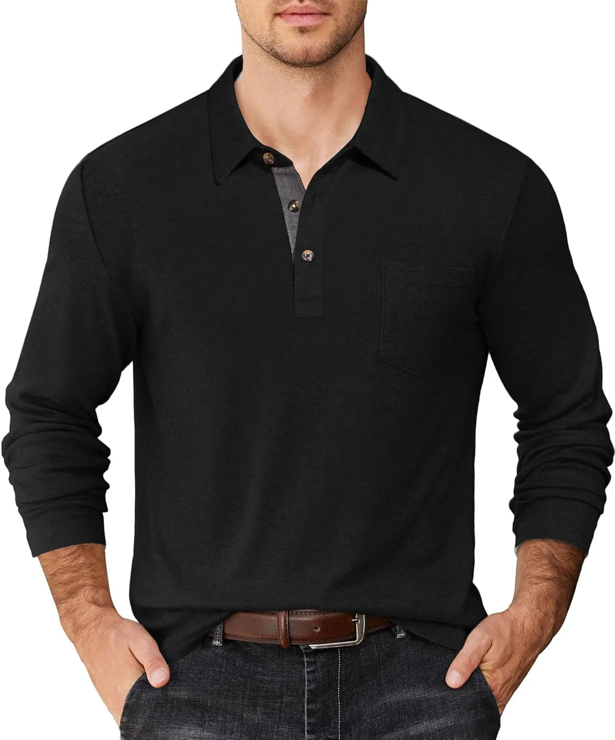 COOFANDY Men's Long Sleeve Polo Shirt Casual Dress Button Polo T Shirt with Pocket Basic Lightweight Collared Golf Shirt