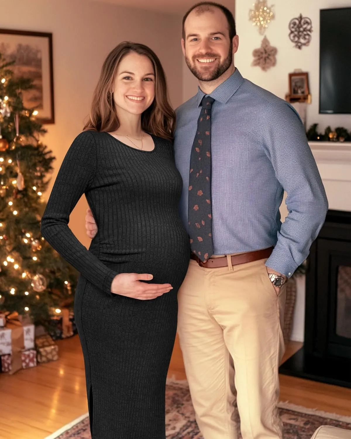 Ficerd Women's Ribbed Knit Maternity Dresses Long Sleeve Pregnancy Bodycon Dress 2025 Split Stretchy Clothes for Baby Shower