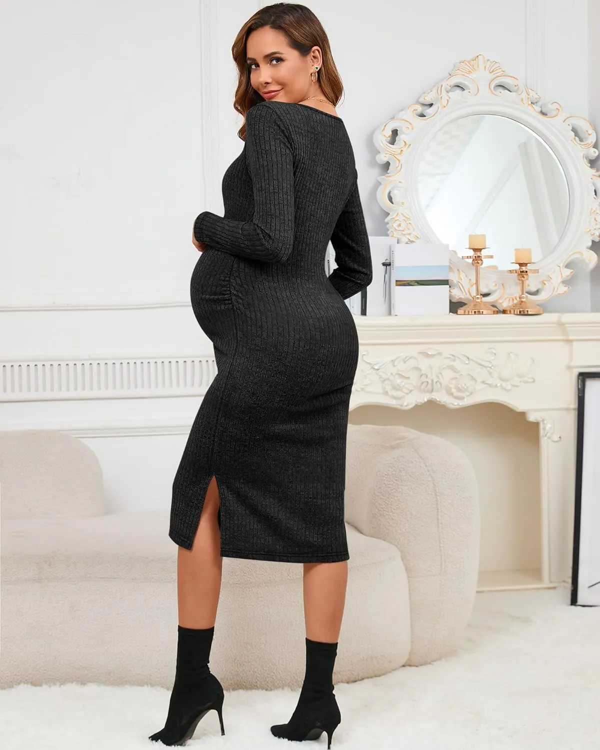 Ficerd Women's Ribbed Knit Maternity Dresses Long Sleeve Pregnancy Bodycon Dress 2025 Split Stretchy Clothes for Baby Shower