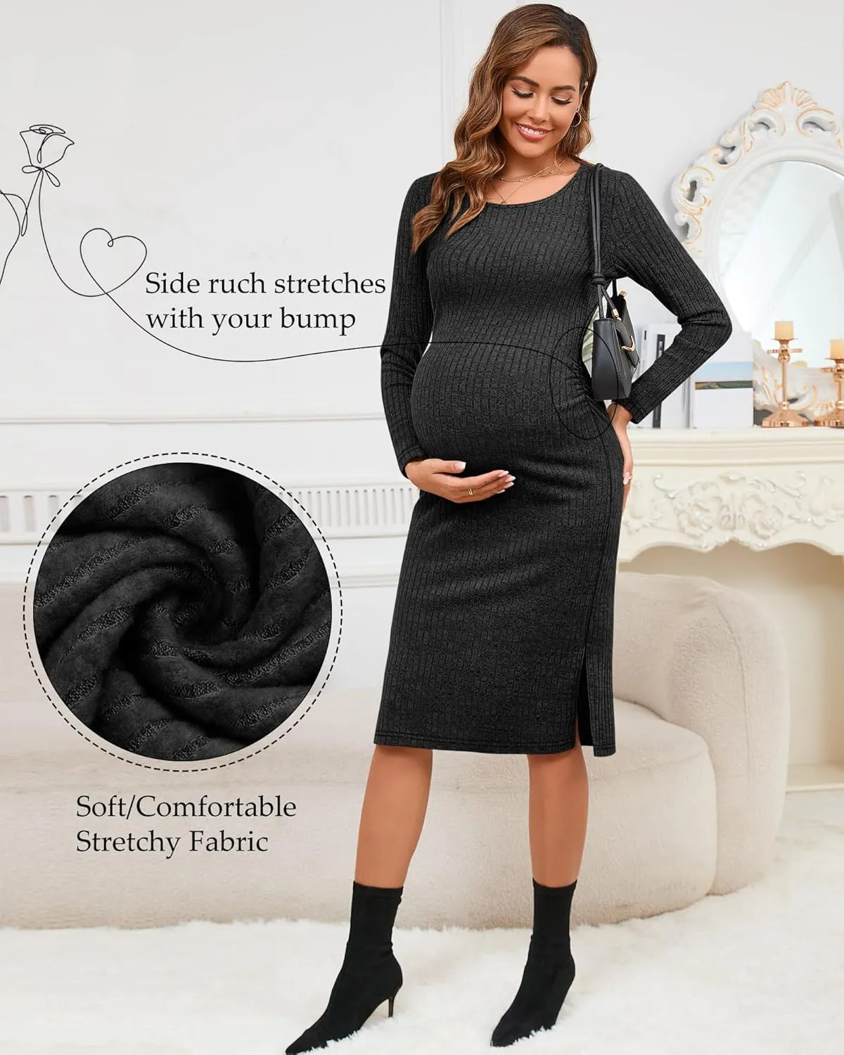 Ficerd Women's Ribbed Knit Maternity Dresses Long Sleeve Pregnancy Bodycon Dress 2025 Split Stretchy Clothes for Baby Shower