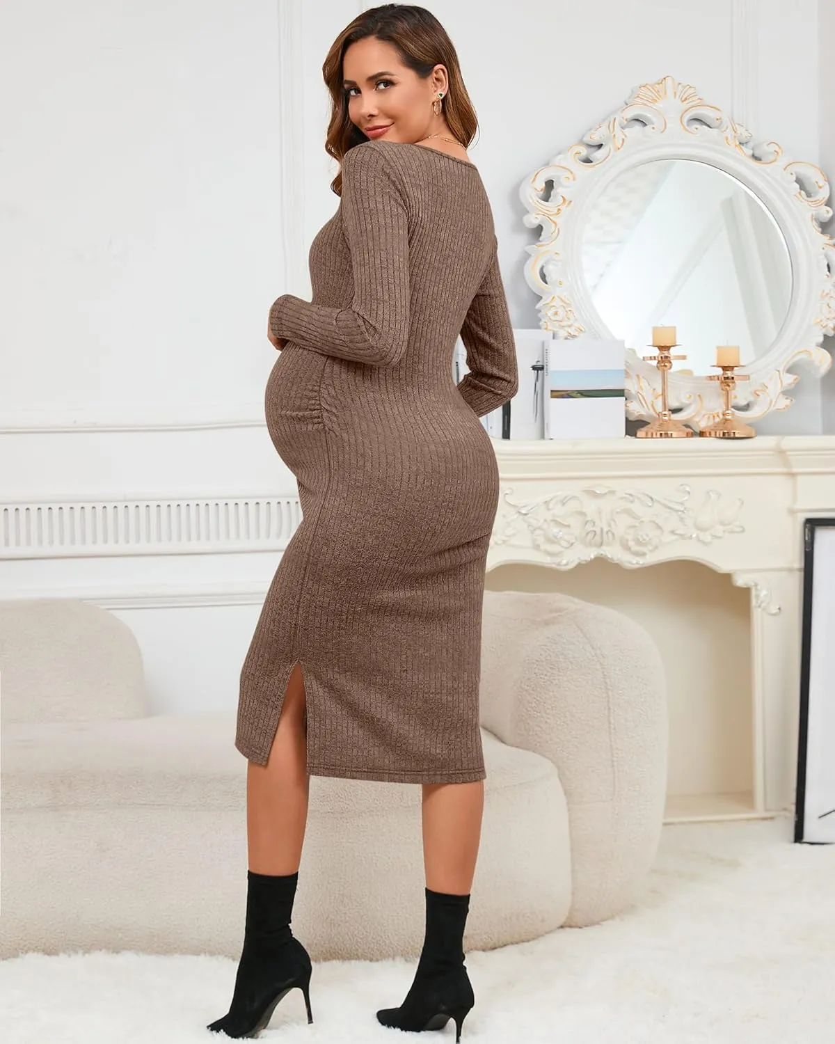 Ficerd Women's Ribbed Knit Maternity Dresses Long Sleeve Pregnancy Bodycon Dress 2025 Split Stretchy Clothes for Baby Shower