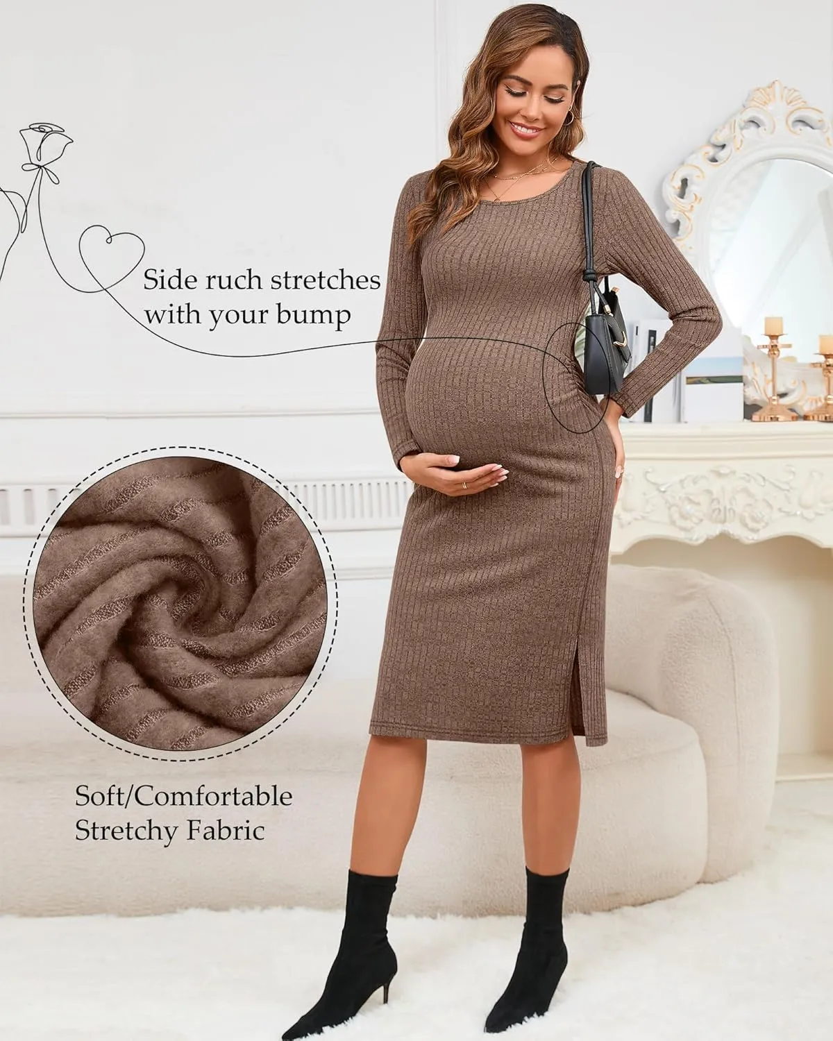 Ficerd Women's Ribbed Knit Maternity Dresses Long Sleeve Pregnancy Bodycon Dress 2025 Split Stretchy Clothes for Baby Shower