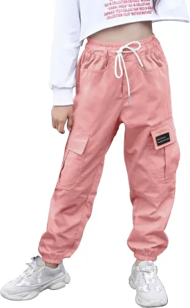 Girls Cargo Pants Elastic Waist Cotton Kids Jogger Pants with Multi Pockets