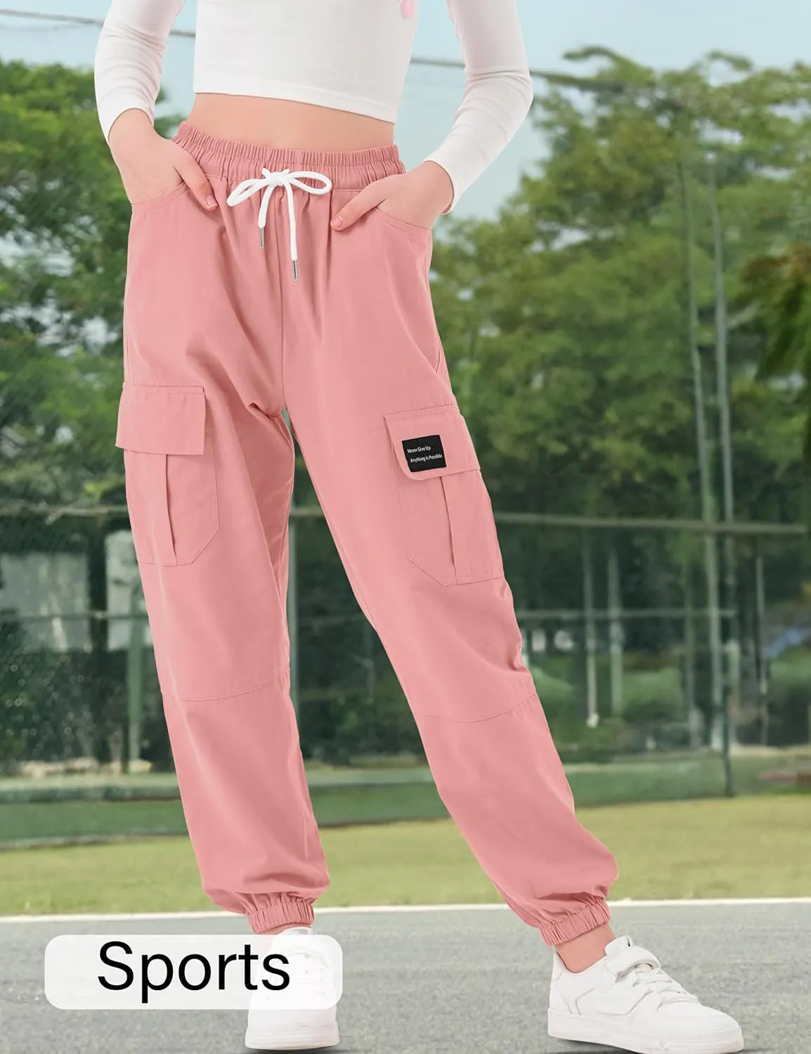 Girls Cargo Pants Elastic Waist Cotton Kids Jogger Pants with Multi Pockets