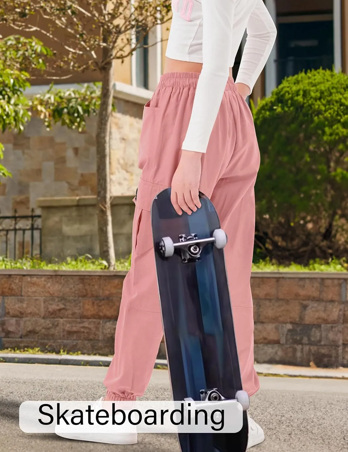 Girls Cargo Pants Elastic Waist Cotton Kids Jogger Pants with Multi Pockets