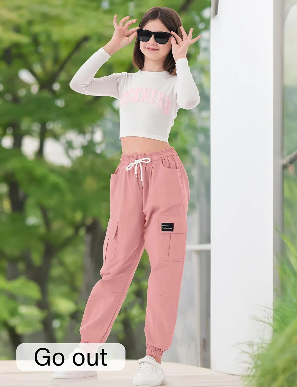 Girls Cargo Pants Elastic Waist Cotton Kids Jogger Pants with Multi Pockets