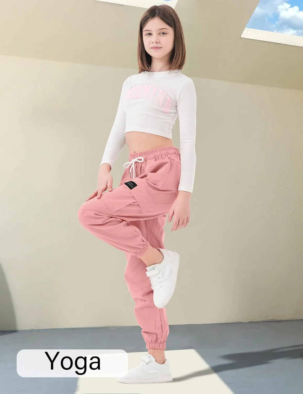 Girls Cargo Pants Elastic Waist Cotton Kids Jogger Pants with Multi Pockets