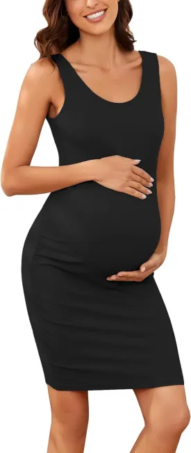 Glampunch Womens Maternity Sleeveless Dress Rib Knit Bodycon Pregnancy Tank Dresses for Daily Wearing or Baby Shower