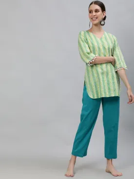 Green Coloured Sleepwear Consist Of Short Kaftan & Pyajama