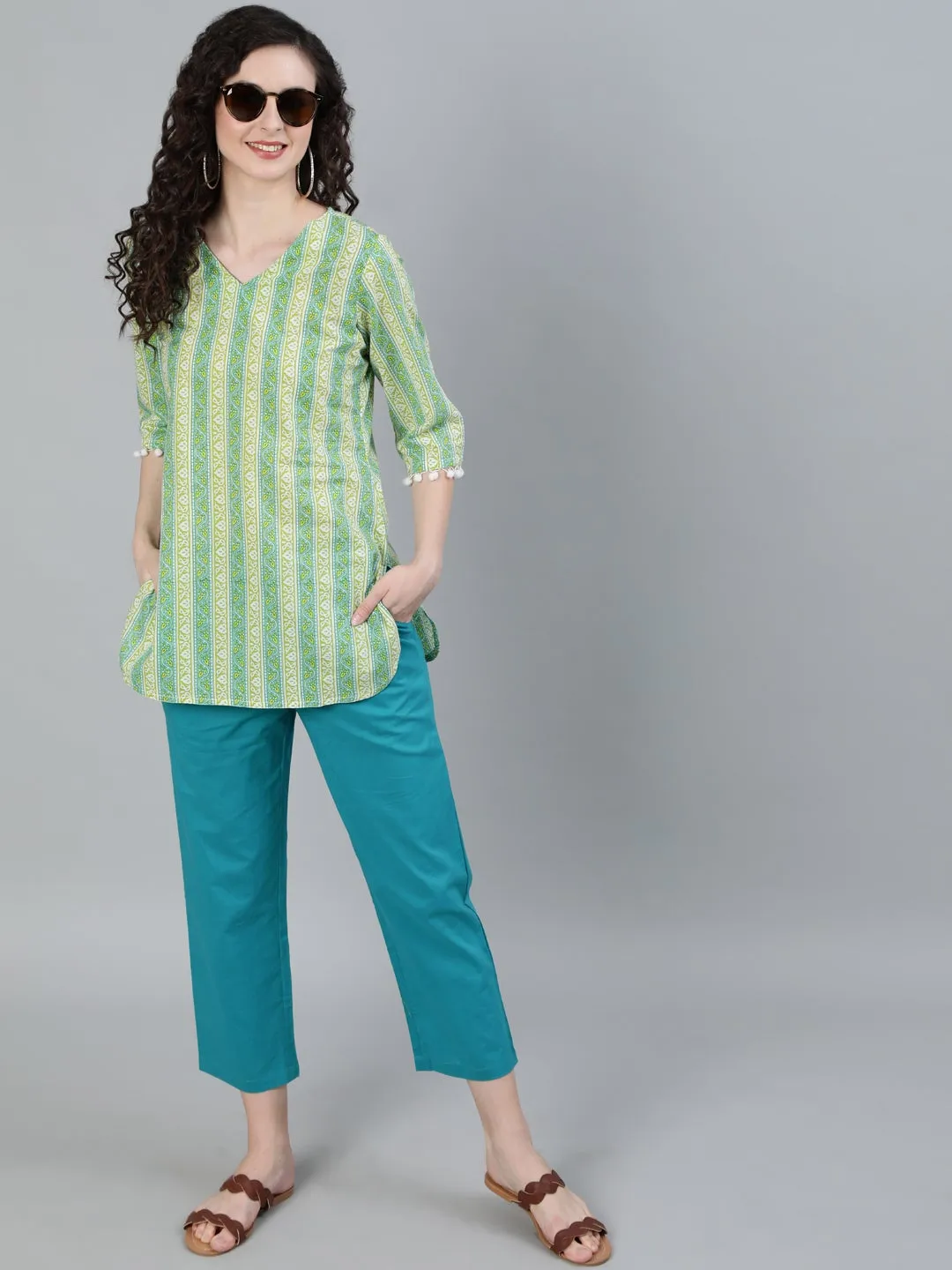 Green Coloured Sleepwear Consist Of Short Kaftan & Pyajama