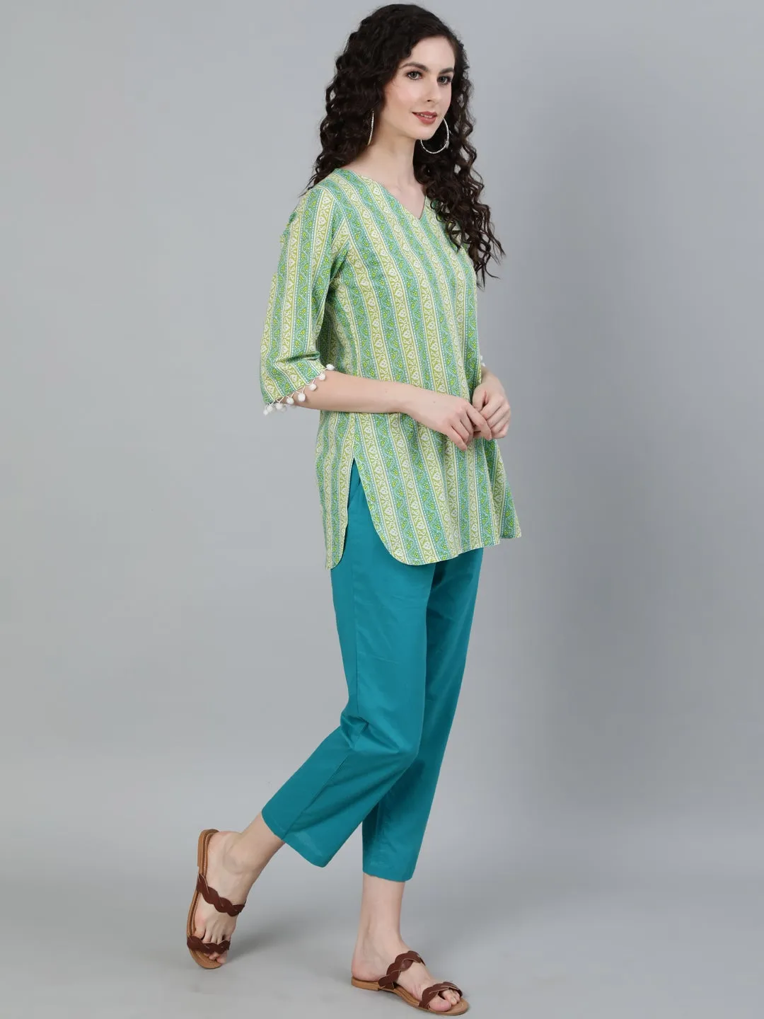 Green Coloured Sleepwear Consist Of Short Kaftan & Pyajama