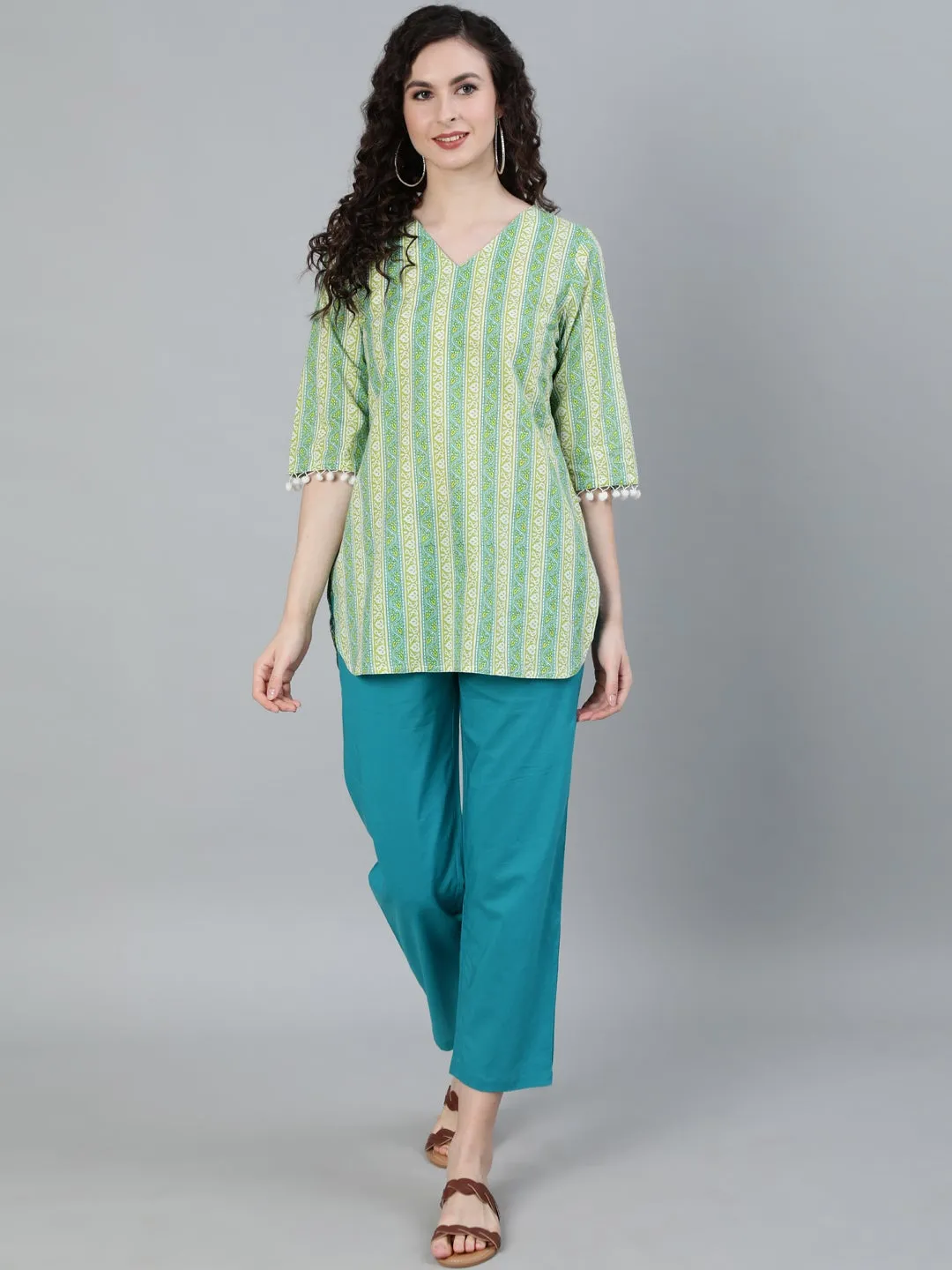 Green Coloured Sleepwear Consist Of Short Kaftan & Pyajama